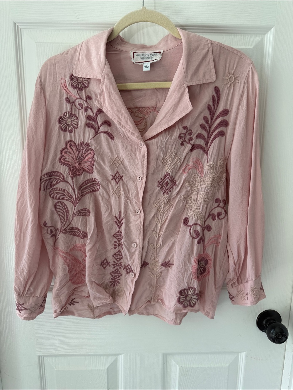 Johnny Was Blush Pink Embroidered Button-Down Shirt